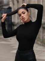 Slim Mock Neck Plain Color T-Shirt, Casual Long Sleeve Top For Spring & Fall, Women'S Clothing - Image 3