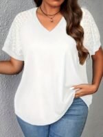 Plus Size, Plus Size Spring-Summer New Elegant Contrast Lace Splicing T-Shirt For Women Short Sleeve