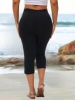 Plus Size - Women'S High-Waist Capri Leggings With Rhinestone Embellishments - Stretchy, Casual Black Leggings For Spring & Summer, Perfect For Beach Or Casual Attire, High Waisted Leggings - Image 4