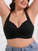 Plus Size Women'S Front Closure Wire-Free Contrast Lace Bra - Jacquard & Lace Trim, Non-Removable Padded Cups, Minimalist Everyday Comfort For Autumn Winter, Elegant Lingerie, Soft Fabric Construction - Image 6