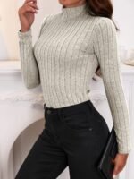 Solid Turtle Neck Rib Knit Top, Elegant Slim Long Sleeve Simple Sweater, Women'S Clothing