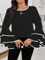 Plus Size Contrast Trim Crew Neck Blouse, Elegant Layered Ruffle Sleeve Top For Spring & Fall, Women'S Plus Size Clothing - Image 5