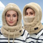 Women'S Plush Winter Mask Hat & Scarf - One-Piece Face Cover With Adjustable Drawstring, Elastic Face For Skiing, Cycling, Outdoor Sports - Lightweight Warm Beige/White Hooded Neck Warmer (Hand Wash Only) - Image 3