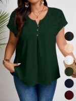 Women'S Plus Size Casual Top - Elegant Maroon Blouse With Contrast Lace Detail, Non-Stretch Fabric, Perfect For Spring/Summer/Fall, Plus Size Blouses - Image 3