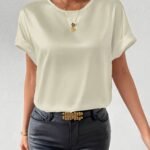 Women'S Plus Size Light Blue Woven Blouse - Elegant Short Sleeve Crew Neck, Solid Color, Non-Stretch Fabric, Perfect For Summer, Casual Summer Wear|Sleek Fitted Look|Nonstretch Material, Plus Size Blouses