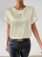 Women'S Plus Size Light Blue Woven Blouse - Elegant Short Sleeve Crew Neck, Solid Color, Non-Stretch Fabric, Perfect For Summer, Casual Summer Wear|Sleek Fitted Look|Nonstretch Material, Plus Size Blouses