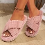 1 Pair Women'S Minimalist Striped Slippers - Comfortable Warm Soft Plush Open-Toe Slip-On House Shoes With Eva Sole, All-Season Indoor Footwear - Image 4