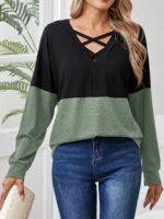 Plus Size, Women'S Casual Long Sleeve T-Shirt - Color-Blocked V-Neck Cross-Strap Design, Black & Olive Green, Machine Washable, Spring Summer Fall Essential, Everyday Outfit, Stylish Pullover, Comfortable Fit, Pullover Top, Casual Attire - Image 2
