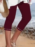 Plus Size Rhinestone Decor Capri Leggings, Casual High Waist Stretchy Leggings For Spring & Summer, Women'S Plus Size Clothing - Image 6