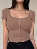 Solid Color Scoop Neck T-Shirt, Elegant Short Sleeve Slim Fit Top For Spring & Summer, Women'S Clothing - Image 5