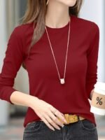 Women'S Elegant Crew Neck T-Shirt, 100% Polyester Knit Fabric, High Stretch Solid Color Top, Regular Length, 180Gsm - Spring/Summer Fashion - Image 2