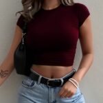 Women'S Slim Fit Stretchy Short Sleeve T-Shirt - Solid Color Burgundy, Round Neck, Casual Top For Spring/Summer, Machine Washable, Everyday Tshirt | Round Neck Tee | Stretchy Fabric