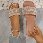 Elegant Women'S Summer Flat Slide Sandals - Chic Square Toe With Pearl & Rhinestone Embellishments, Casual Slip-On Design, Faux Cover Upper & Rubber Sole, Ladies Sandals - Image 7