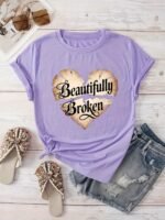 Women'S "Beautifully Broken" Heart Print Casual T-Shirt - Vibrant Orange Short Sleeve Round Neck Summer Top, Machine Washable & Affordable, Ladies T Shirts, Everyday Fashion, Relaxed Fit Tee, Allseason Wear - Image 8