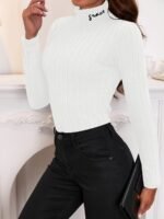 Solid Turtle Neck Rib Knit Top, Elegant Slim Long Sleeve Simple Sweater, Women'S Clothing - Image 4