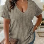 Plus Size V-Neck Casual Elegant Women'S Top - Stretchy Fabric, Machine Washable, All-Season Versatile Blouse For Everyday & Formal Wear, Ribbed Texture, Medium Elasticity