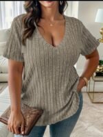 Plus Size V-Neck Casual Elegant Women'S Top - Stretchy Fabric, Machine Washable, All-Season Versatile Blouse For Everyday & Formal Wear, Ribbed Texture, Medium Elasticity