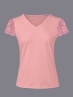 Women'S Soft Pink V-Neck T-Shirt - Elegant Lace Trim Blouse, Machine Washable Everyday & Formal Tops For Women, Versatile Top, Feminine Style, Breathable Top, Stylish Top, Summer Wardrobe - Image 10