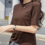 Women'S Stretchy Slim-Fit Mid-Sleeve T-Shirt - Lightweight Round Neck Casual Top, Solid Color All-Season Layering Essential, Machine Washable, Versatile Clothing, Sensual Fit Tee, Easycare Material