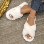 Women'S Plush Faux Fur Cross-Strap Slip-On Slippers - Open-Toe Indoor House Shoes With Eva Sole, All-Season Cozy Warmth & Fluffy White Design For Home Comfort, Cute Slippers - Image 2