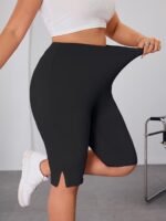 Plus Size, Plus Size High-Waisted Leggings With Side Slit - Stretchy Solid Black Pants For Women, Machine Washable & Dry Cleanable, Spring Summer Fall Casual Wear, Pants, Seasonal, Highwaisted Design, Medium Elasticity, Nontransparent Fabric, Bottoms, Breathable Material, Enthusiasts - Image 3