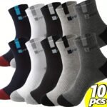 10 Pairs Men'S Breathable Sports Socks With Stylish Lettering High Elasticity And Outdoor Running Socks - Image 3