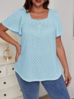 Plus Size Women'S Square Neck Ruffle Sleeve Top - Breathable Eyelet Cut-Out Fabric, Unique Chest Pleat Design, Elegant Fashion For Spring Summer Fall, Formal & Casual Wear, Casual Wear Top | Pleated Detail Top | Stretchy Fabric Top, Ladies T Shirts - Image 2