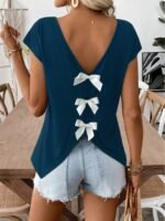 Women'S Casual Bowknot Short Sleeve T-Shirt - Black V-Neck With White Bow Detail, Perfect For Summer Outings And Casual Attire, Everyday Top | Bowknot Detailing | Stylish Accessory - Image 4