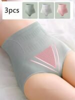 3Pcs Women'S High-Waist Briefs - Comfortable, Breathable Nylon-Elastane Blend, Tummy Control & Butt Lifting, Hexagonal Pattern Design, Non-See-Through - Available In Light Gray, White, Beige - Image 3