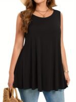 Plus Size Women'S Stretchy Sleeveless Round Neck Tank Top - Solid Color Casual Vacation Wear, Machine Washable Spring/Summer Tops, Ladies Tank Tops, Summer Plus Top, Flowy Fabric Top, Nontransparent Fabric, Travel Clothing, Relaxed Fit, Breathable Material, Warm Weather Outfits - Image 4