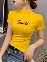 Chic Embroidered "Smile" Mock Neck T-Shirt For Women - Vibrant Orange, Short Sleeve, Slim Fit, Casual Spring/Summer Top, Machine Washable, Polyester & Spandex Blend - Image 3