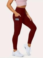 Plus Size Sports Leggings, Women'S Plus Solid Pipping High Rise High Stretch Skinny Leggings With Pockets Suitable Spring/Autumn - Image 3