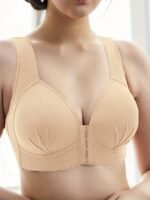 Seamless Wireless Push-Up Bra For Women - Front Buckle Closure, Breathable Comfort, Medium Support & Solid Stripe Design, No Underwire, Non-Removable Padded Cups, Elegant Casual Attire, Comfortable Undergarment, Elegant Undergarment, Handwashable Fabric