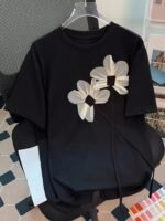 Women'S Casual Short Sleeve Round Neck T-Shirt - Black With White Floral Applique, Medium Stretch Regular Fit Summer Top, Machine Washable, Ladies T Shirts, Everyday Top, Stylish Top, Breathable Material, Pullover Shirt, Stylish Women