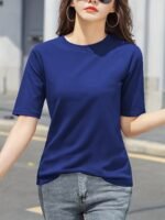 Women'S Elegant Solid Color Crew Neck T-Shirt, Short Sleeve Casual Summer Top, Lightweight Polyester Fabric, Regular Length, No Stretch, For Casual Attire - Image 3
