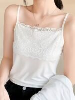 1Pc Elegant Women'S Lace Camisole Tank Top, Summer Sleeveless Slim Fit Inner Layer, Solid Color Knit Nylon Fabric, Adult Ladies' Cami With Lace Detail - Image 9