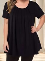 Women'S Casual Crew Neck Short Sleeve Blouse, Solid Color Plus Size, Lightweight Polyester With Subtle Stretch, Flared Hem, Spring/Summer Fashion Top, Casual Wear Blouse | Elegant Plus Size | Simple Eleganc - Image 7