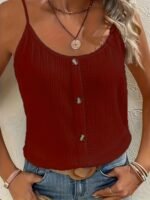 Women'S Sleeveless Button-Up Crop Top - Textured Ribbed Fabric, Beige, Spaghetti Strap Design, Perfect For Spring/Summer/Fall, Casual Wear|Sleek Crop Top|Textured Fabric - Image 2