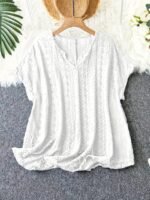 Plus Size - Women'S Elegant V-Neck Bat Sleeve T-Shirt - Slim Fit, Short Sleeve, Black Top With Ruffled Hem, Perfect For Casual Or Chic Outfits, Versatile Clothing | Ruffled Hem Top | Construction, Ladies T Shirts - Image 8