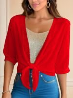 Solid Color Tie Front Crop Blouse, Versatile Half Sleeve Blouse For Spring & Summer, Women'S Clothing - Image 3