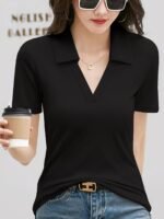 Women'S Elegant Casual T-Shirt, Solid Color Polyester Knit Fabric, 95% Polyester 5% Elastane, V-Neck Lapel Collar, Regular Length, Summer Season, 180G/M? - Festive Collection - Image 4