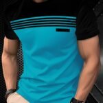 Men'S Stylish Black & Blue Gradient T-Shirt - 100% Polyester, Round Neck Short Sleeve, Machine Washable, Comfort Fit For All Seasons, Casual Wear | Smooth Texture Fabric, Everyday Tshirt | Gradient Design | Smooth Texture Fabric, T Shirt