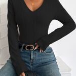 Women'S Chic Ribbed V-Neck Slim Fit Top - Elegant Long Sleeve, Solid Black, Perfect For Fall/Winter Fashion, Stylish Layering Piece