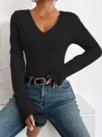 Women'S Chic Ribbed V-Neck Slim Fit Top - Elegant Long Sleeve, Solid Black, Perfect For Fall/Winter Fashion, Stylish Layering Piece