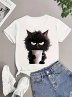 Women'S Casual Sporty T-Shirt, Black Cat Print, Comfort Fit Short Sleeve Tee, Fashion Breathable Casual Top - Image 9