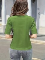 Women'S Stretchy Slim-Fit Mid-Sleeve T-Shirt - Lightweight Round Neck Casual Top, Solid Color All-Season Layering Essential, Machine Washable, Versatile Clothing, Sensual Fit Tee, Easycare Material - Image 8