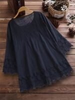 Women'S Plus Size V-Neck Lace Trim Blouse - Vibrant Yellow Loose Fit Tie-Front Shirt, Lightweight Semi-Sheer Casual Top For Spring Summer Fall, Machine Washable, Lace Blouse, Seasonal Fashion, Nonelastic Fabric - Image 10