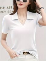 Women'S Elegant Casual T-Shirt, Solid Color Polyester Knit Fabric, 95% Polyester 5% Elastane, V-Neck Lapel Collar, Regular Length, Summer Season, 180G/M? - Festive Collection - Image 3