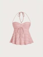 Nianian Select Y2K Off-Shoulder Halter Neck Tank Top - Solid Color Ruffled Bow Detail, Machine Washable Lightweight All-Season Women'S Sexy Backless Top
