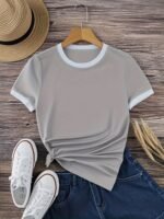 Contrast Trim Short Sleeve T-Shirt, Casual Crew Neck Top For Spring & Summer, Women'S Clothing - Image 7